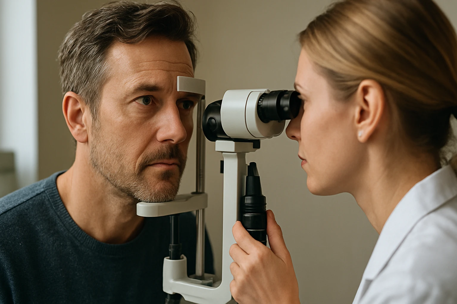 Očný vyšetrenie: muž na vyšetrení zraku u očnej lekárky.