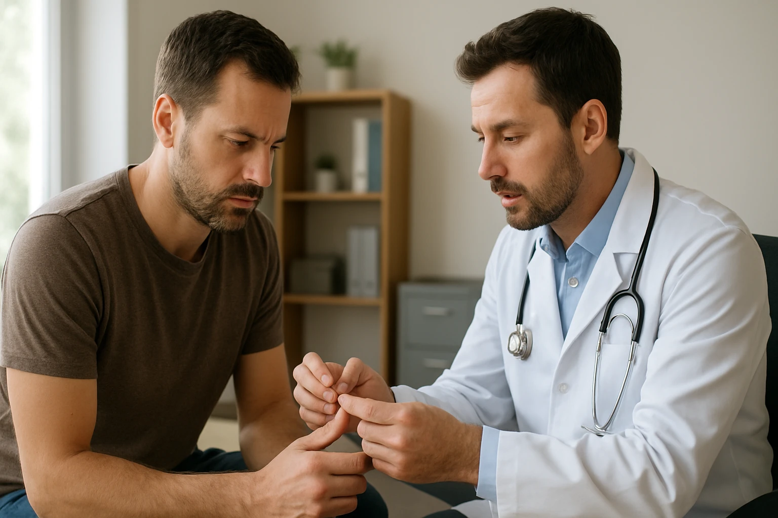 Lekár konzultuje muža o zdraví uzdičky predkožky.