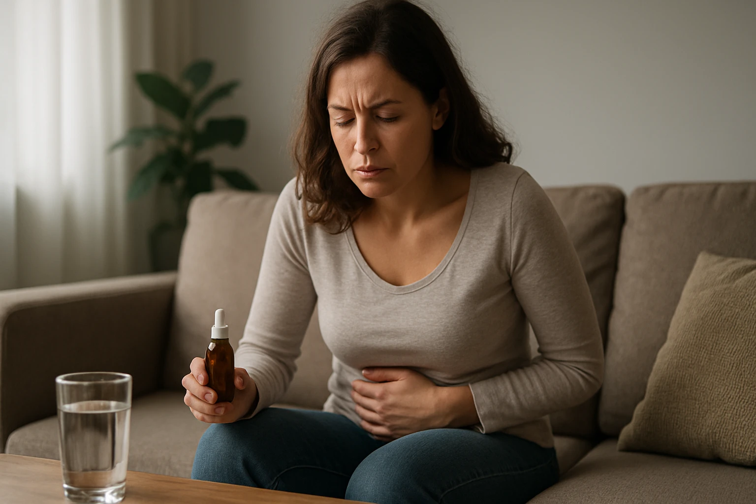 Žena s Urogin kvapkami na liečbu infekcií močových ciest