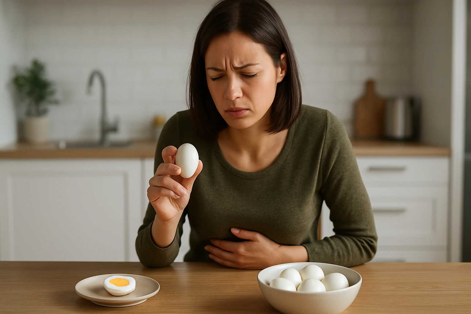 Žena s vajcom a bolesťou brucha vedľa taniera s vareným vajcom