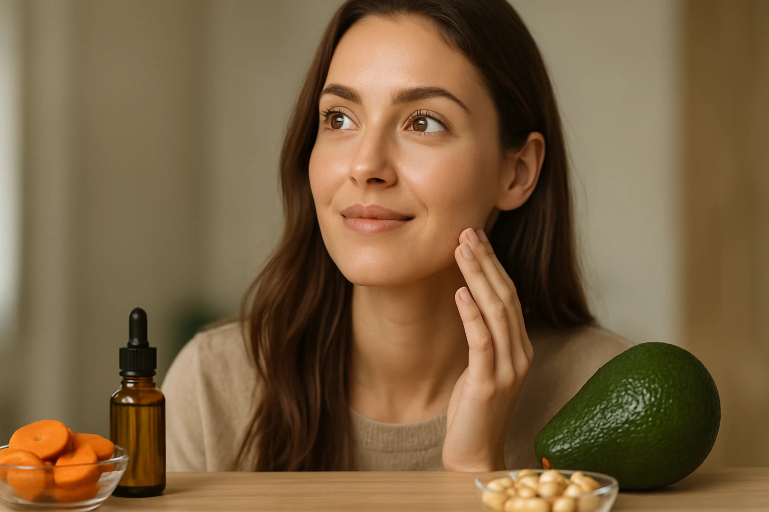 Žena sa stará o pokožku s použitím prírodných produktov a vitamínov.