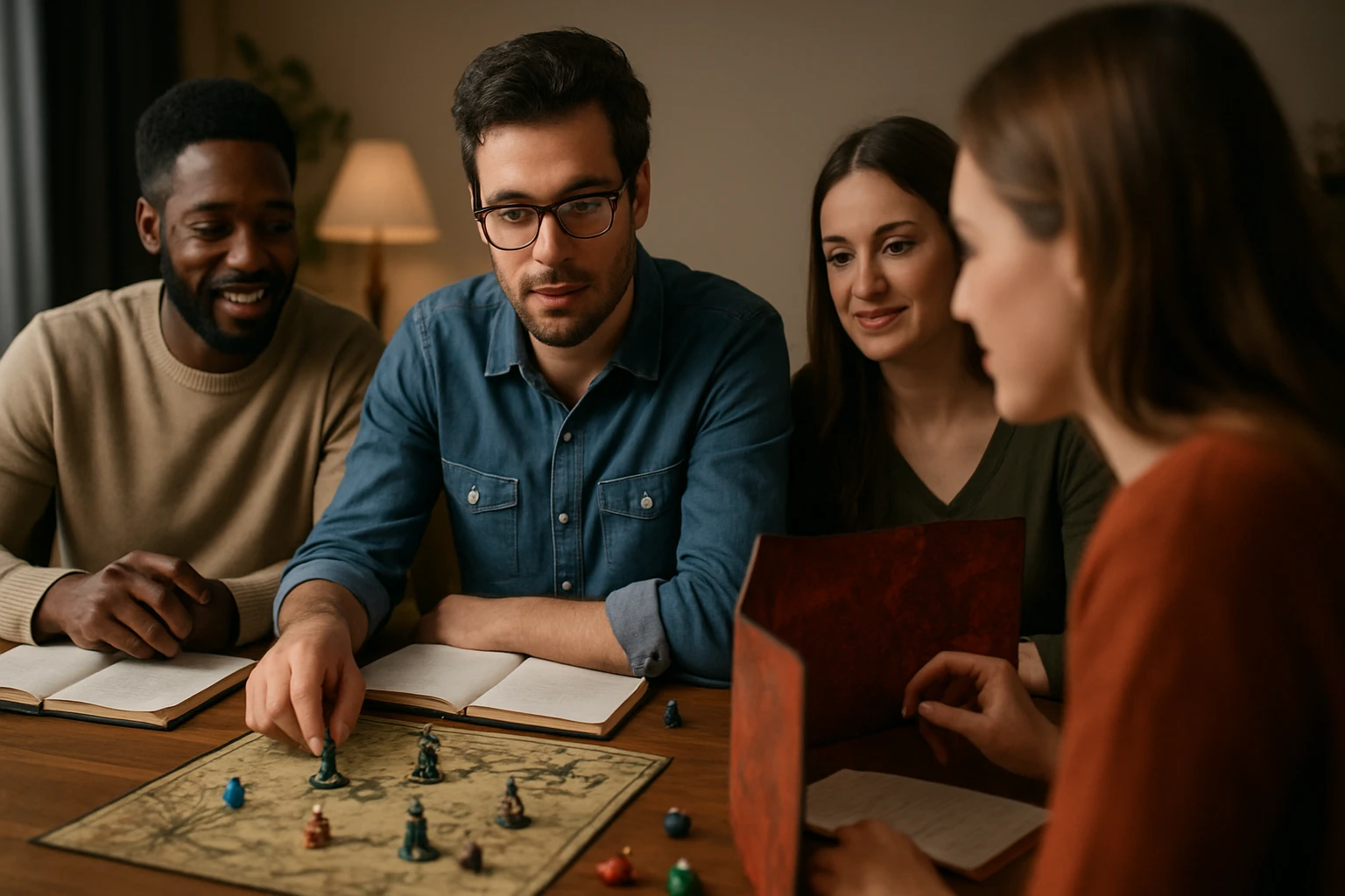 Skupina priateľov hrá rolu hrajúcu hru pri stole s mapou a figúrkami.