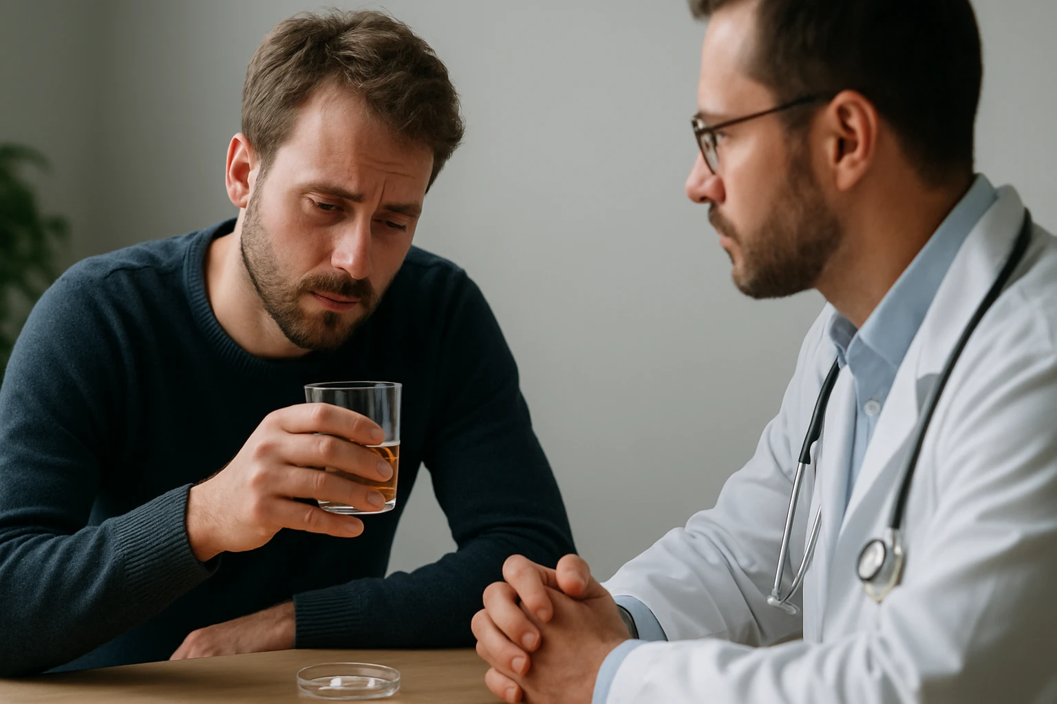 Muž s alkoholom konzultuje svoje zdravie so zdravotníkom.