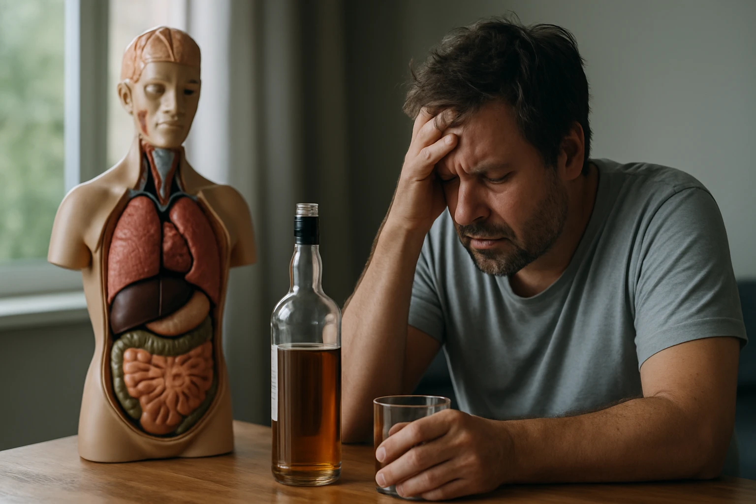 Muž za stolom s alkoholom a modelom ľudského tela