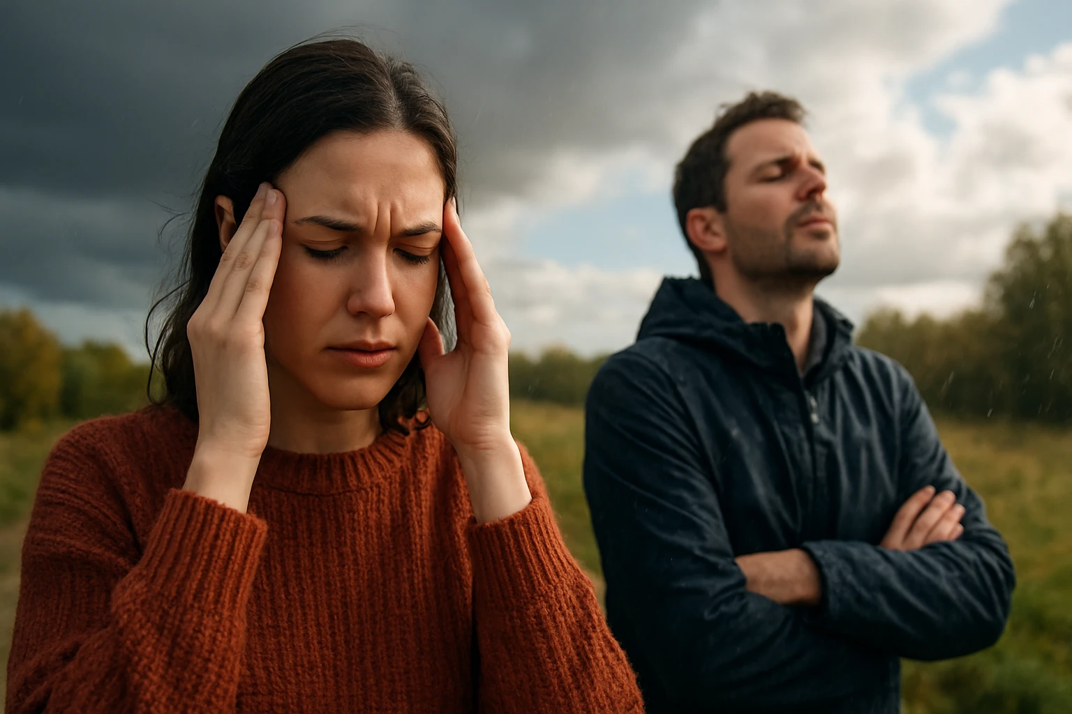 Žena s bolesťou hlavy a muž so zatvorenými očami v prírode
