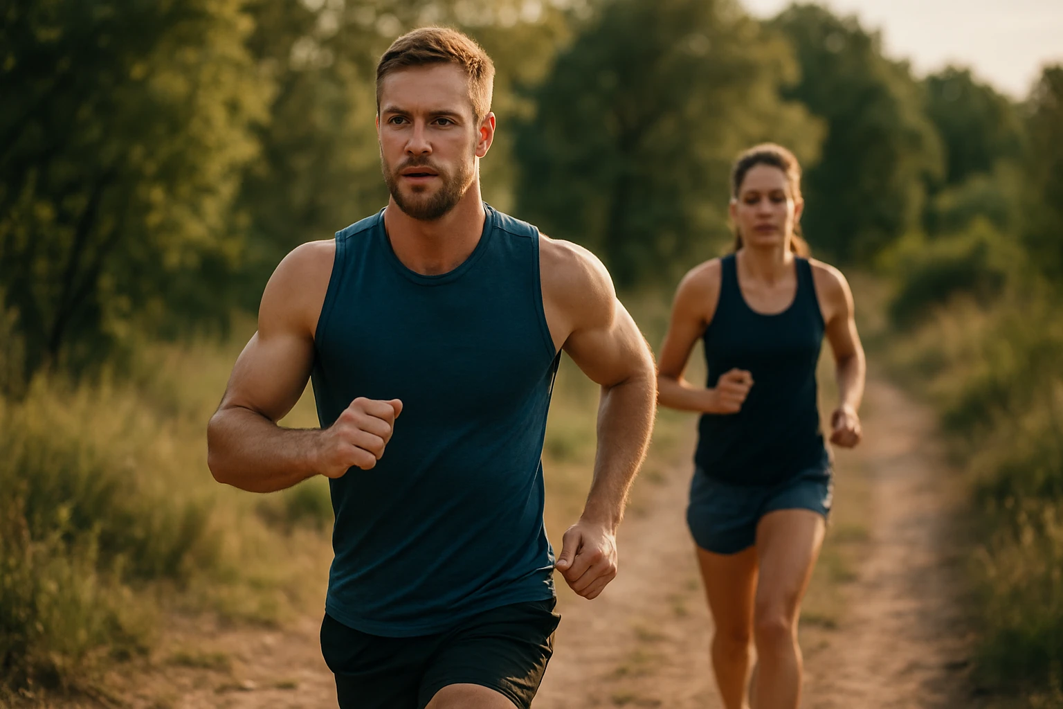 Muži a ženy behajúci na vonkajšej ceste v prírode.