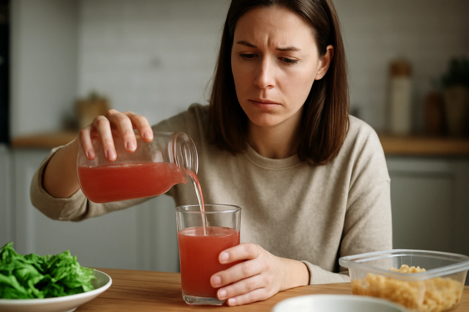 Žena nalievajúca nápoj do pohára s obavami o zdravie.