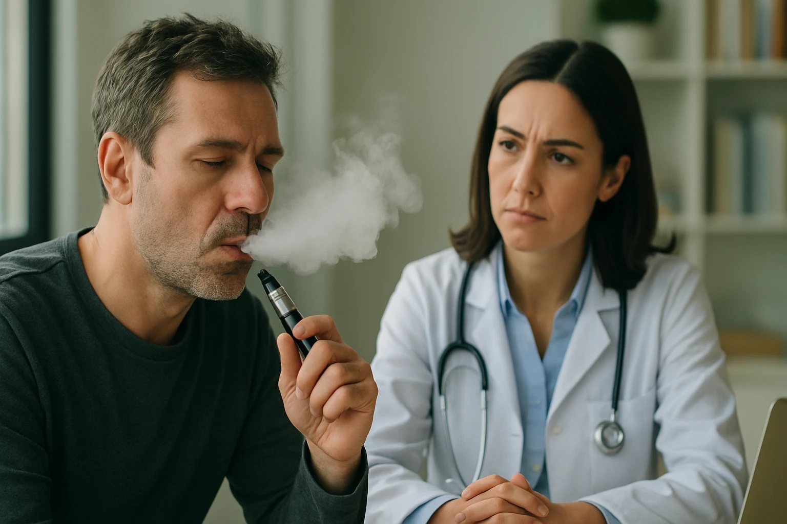 Muž fajčiaci elektronickú cigaretu s lekárkou, vyjadrujúcou obavy.