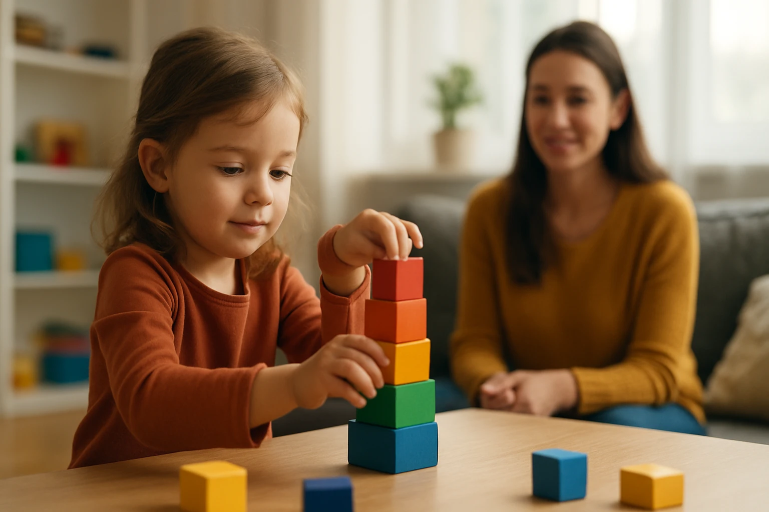 Dieťa stavia vežu z farebných blokov so smútiacou matkou v pozadí.
