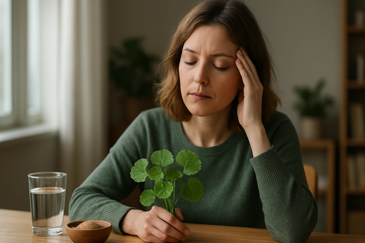 Žena s Gotu Kolou zameraná na zlepšenie duševného zdravia
