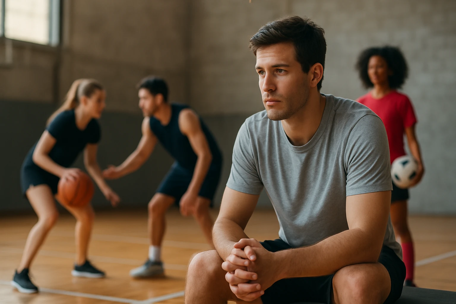 Muž zamyslený počas tímového tréningu v športovej hale.