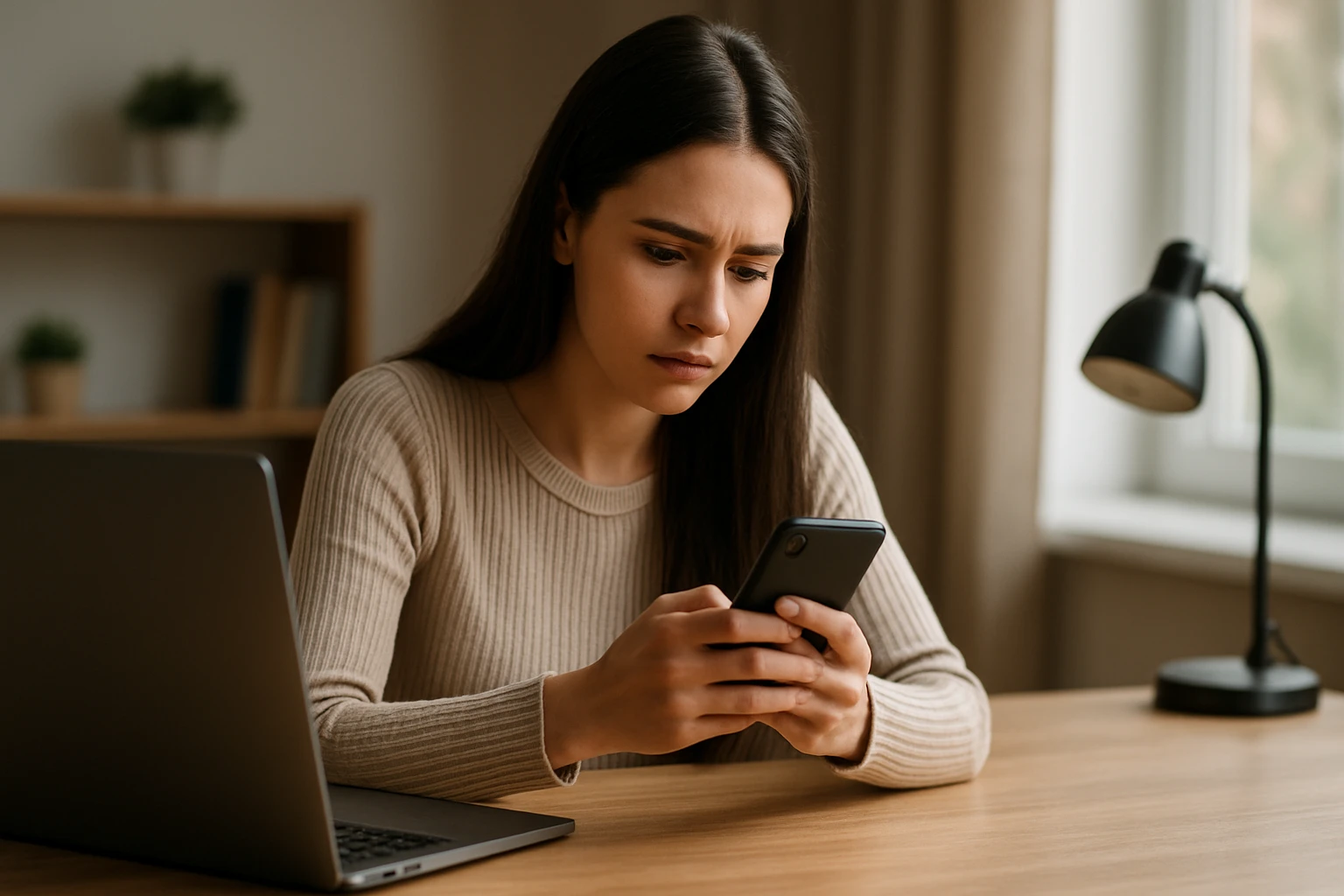 Žena s vážnym výrazom sleduje smartphone pri stole.