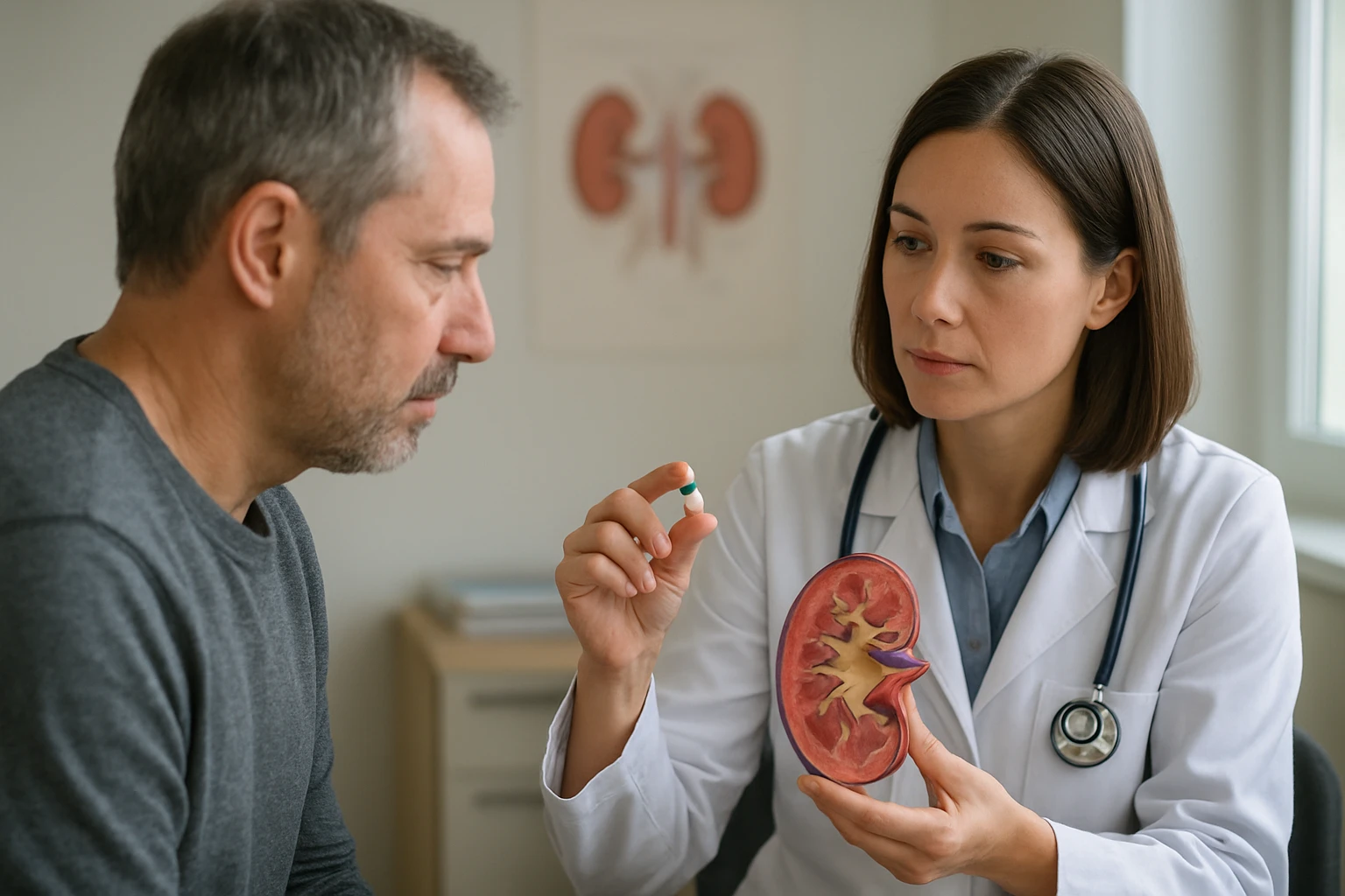 Lekárka vysvetľuje účinok lieku Milurit na obličky pacientovi.