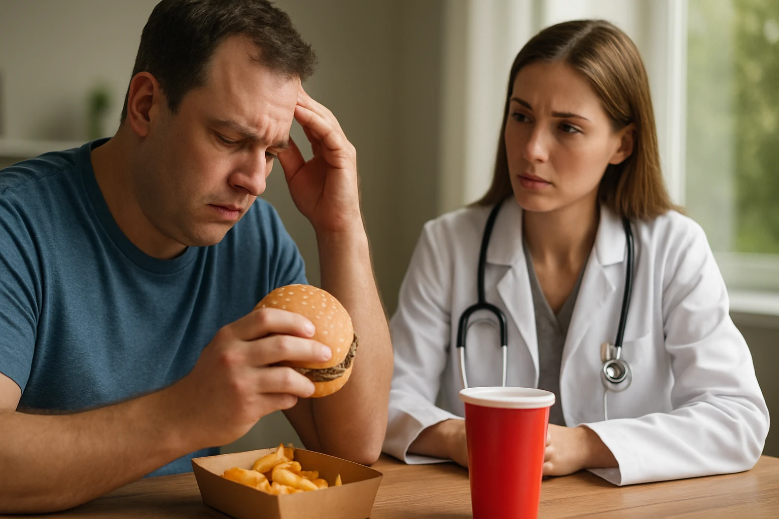 Muž s burgerom a žena doktorka diskutujú o zdravej výžive.
