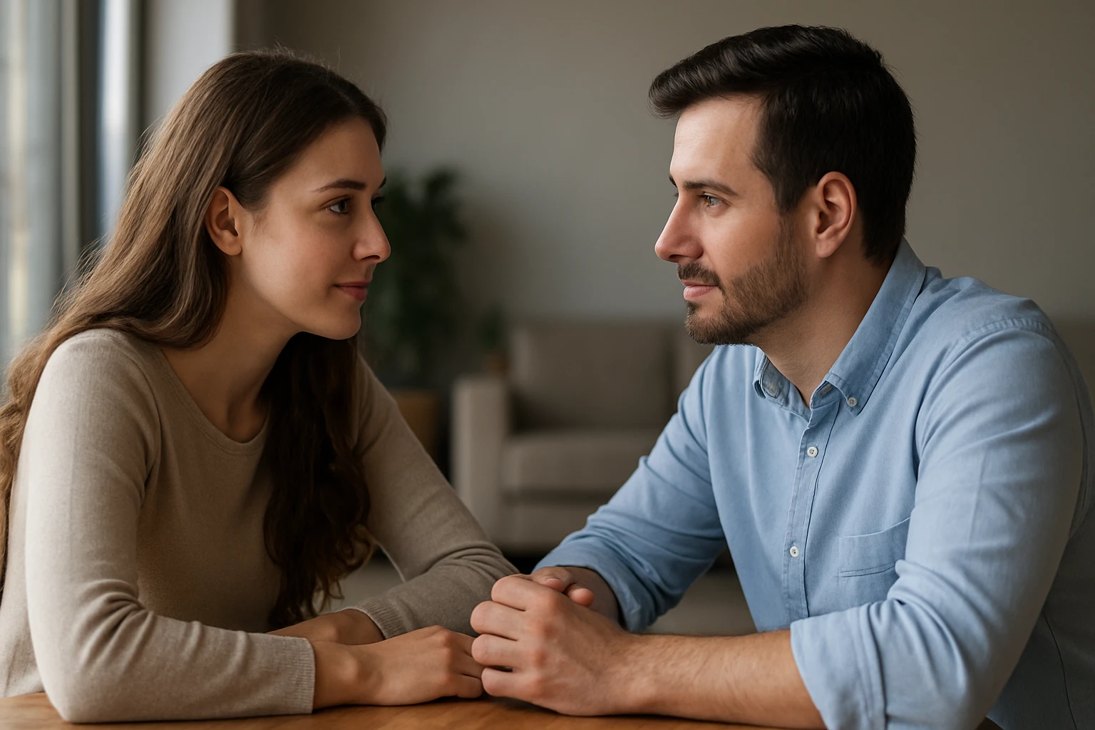 Pár udržiava očný kontakt pri rozhovore za stolom.
