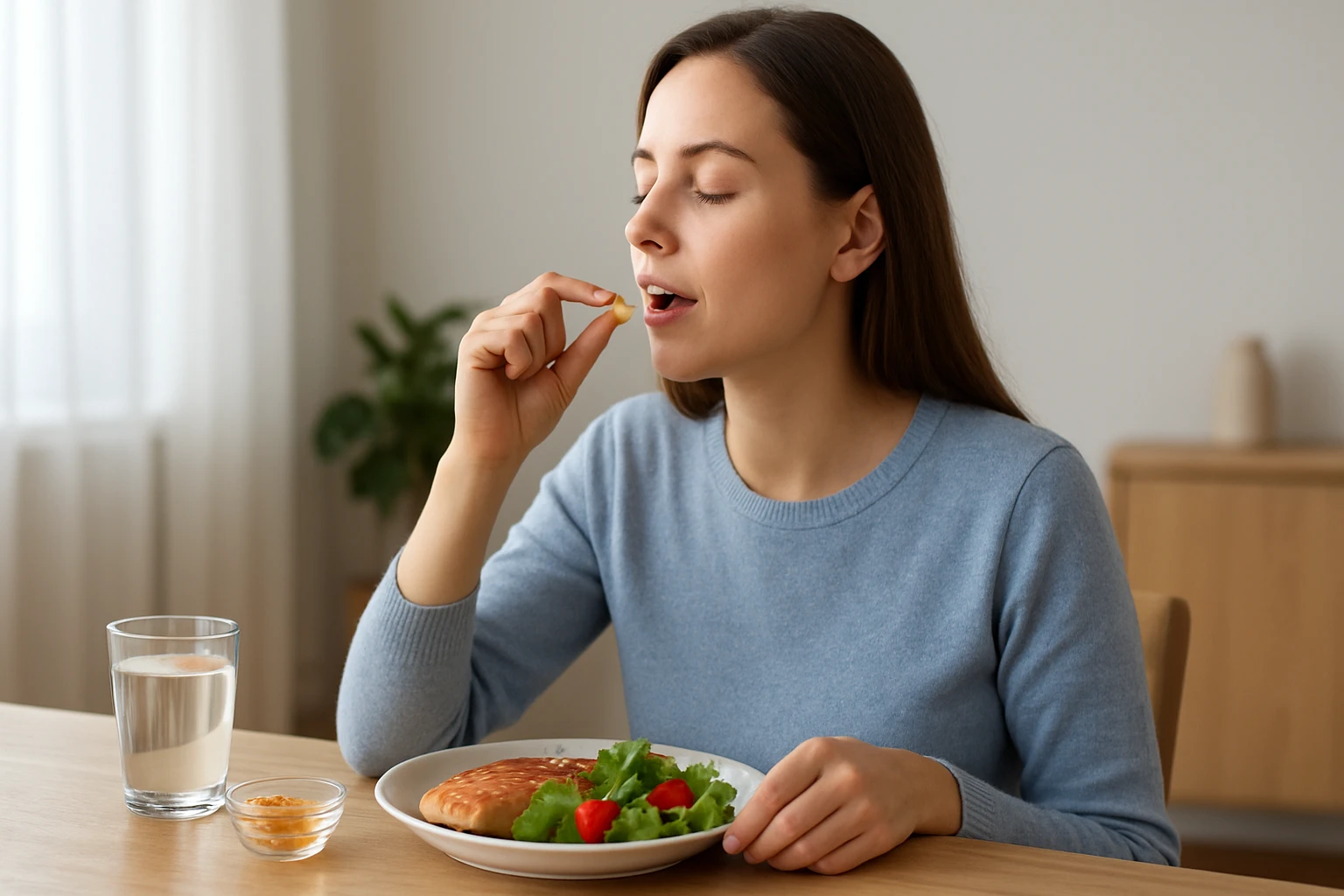 Žena užíva omega-3 kapsulu pri zdravom jedle.