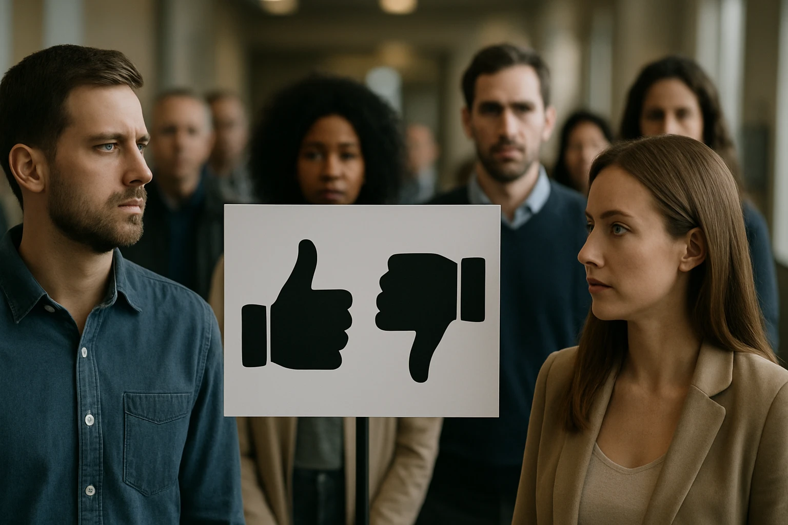 Muži a ženy diskutujú o preferenciách a ich vplyve na spoločnosť.