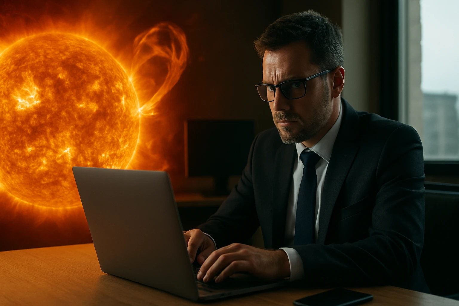 Muž pracujúci na laptopu s erupciou Slnka v pozadí