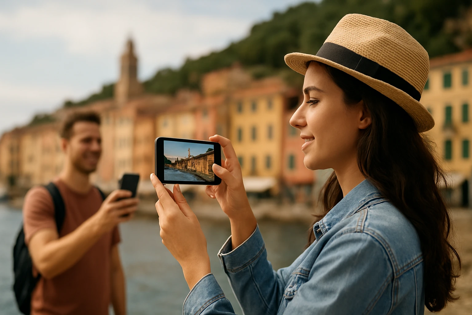 Žena fotí památku pomocí mobilního telefonu při návštěvě turistické destinace.
