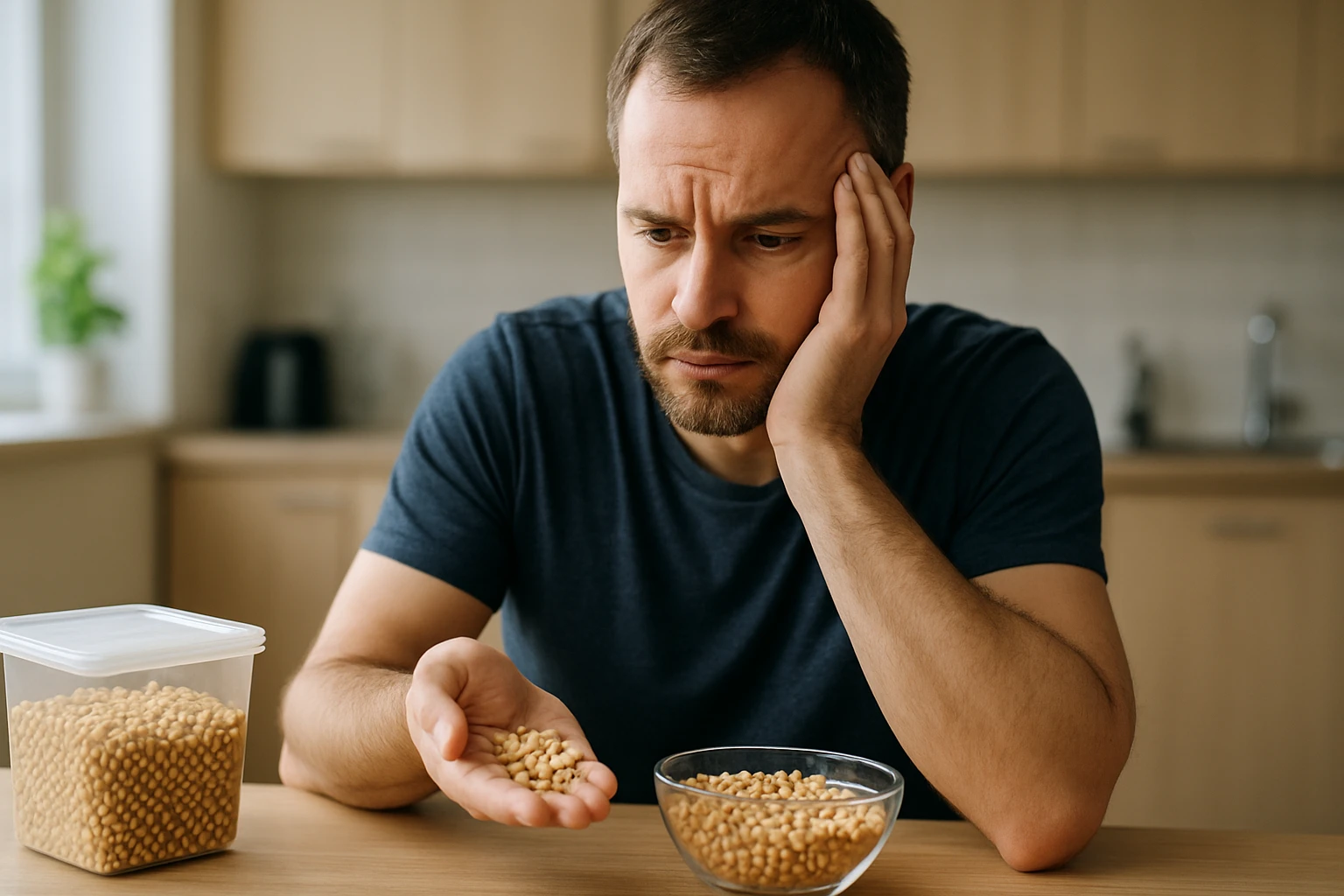 Muž so sójovými bobmi, zamyslený nad ich vplyvom na zdravie.