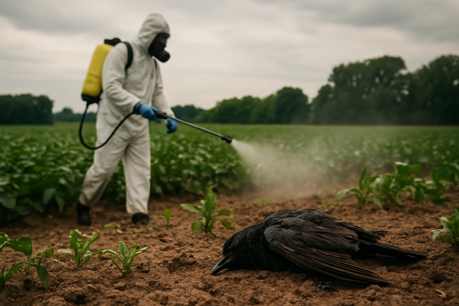 Farmer spraying pesticides in field with dead bird nearby.
