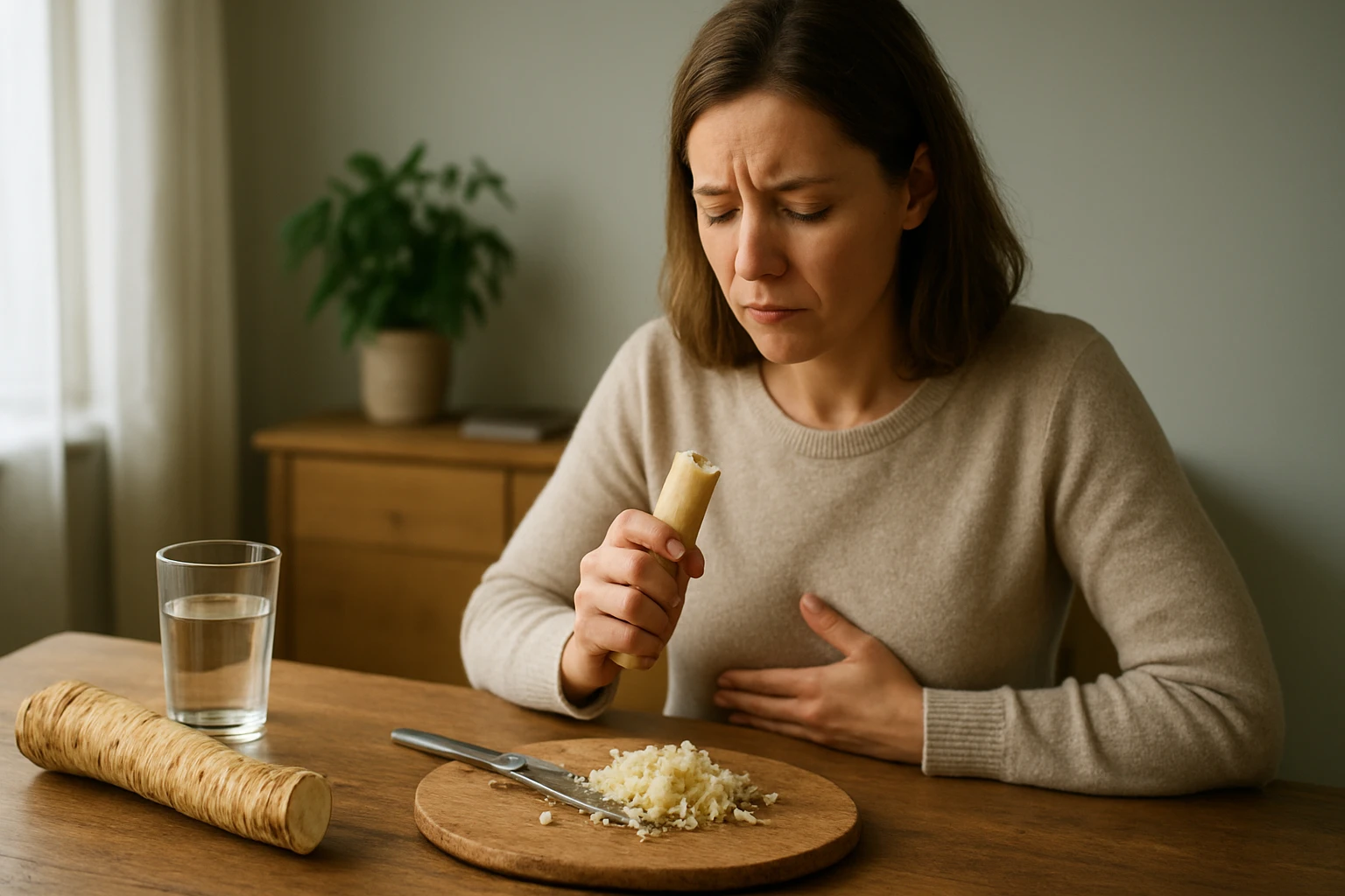 Žena s chrenom pri stole, zjavne prežíva nepohodlie v bruchu.