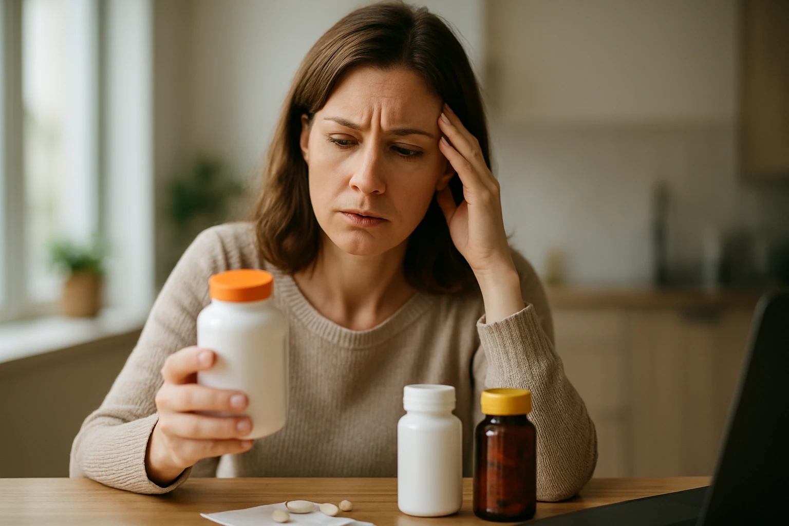 Žena zamyslená nad výberom vitamínov a multivitamínov.