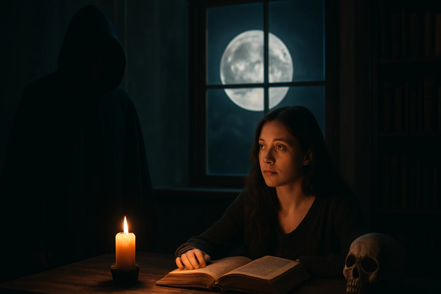 Žena s knihou pri sviečke a mesačným svetlom, záhadná atmosféra.