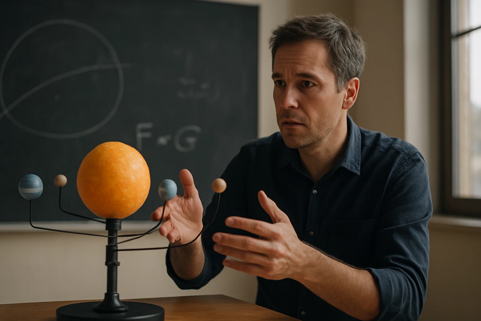 Muž ukazuje na model slnečnej sústavy a vysvetľuje gravitáciu.