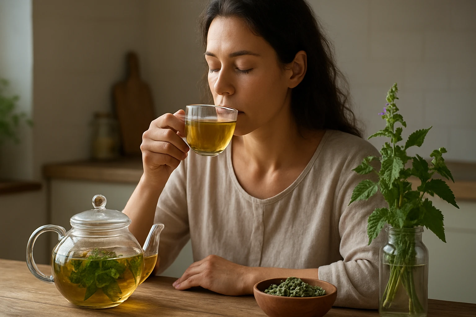 Žena vychutnávajúca čaj z hluchavky srdcovitej v kuchyni
