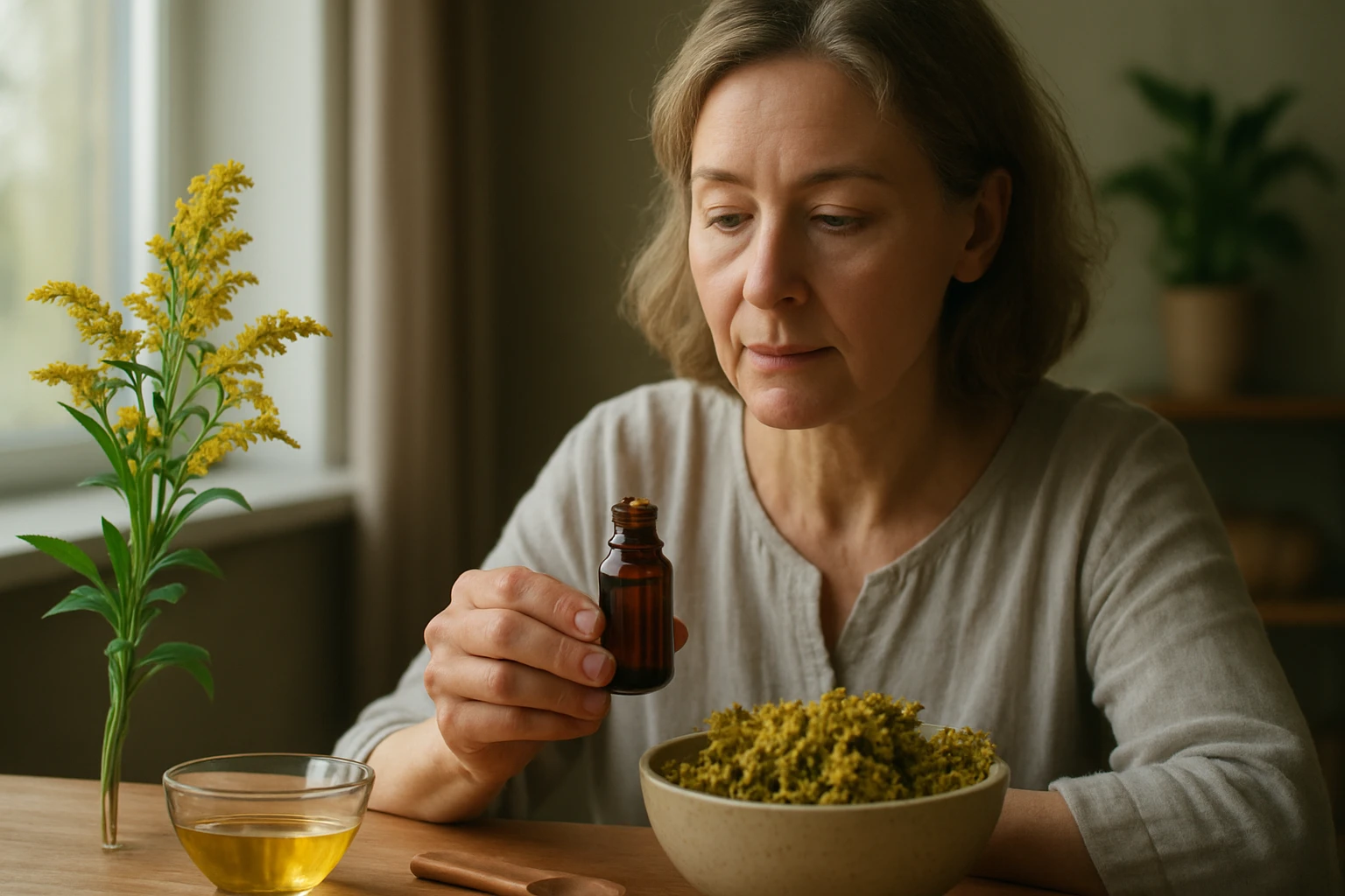 Žena skúma extrakt zo zlatobyľu a jeho účinky na zdravie.