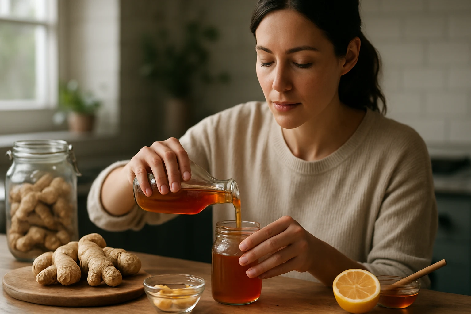 Žena nalieva zázvorový sirup do pohára v kuchyni.