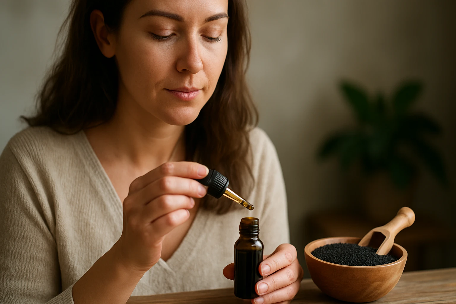 Žena aplikuje olej z čiernej rasce.