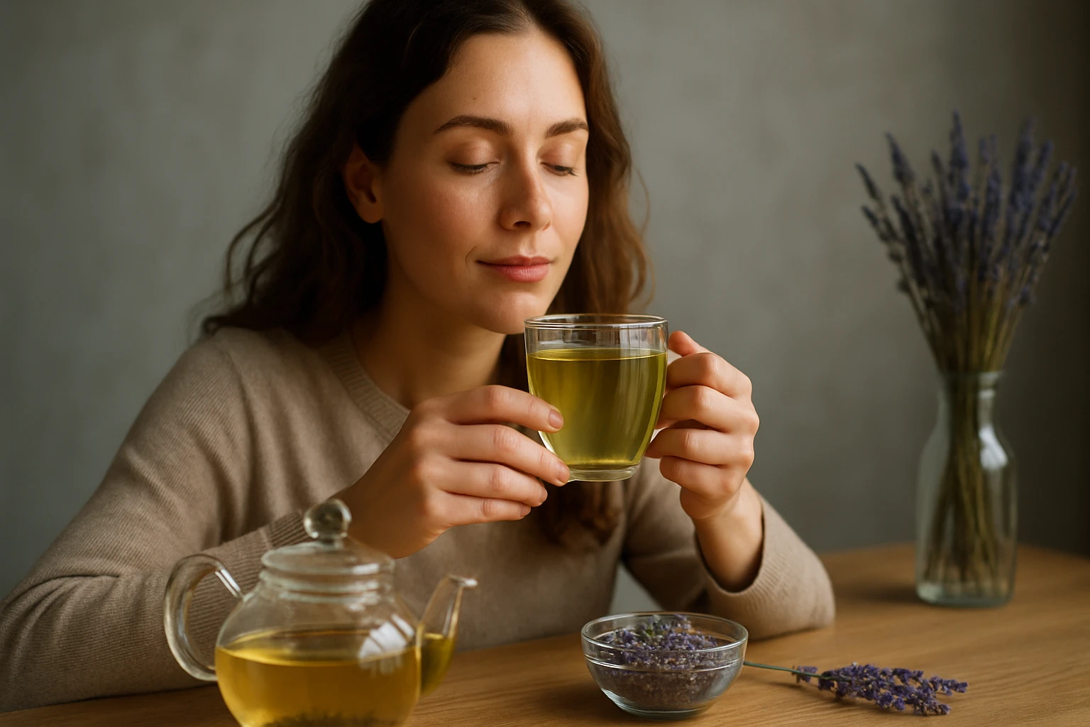 Žena vychutnávajúca si šálku levanduľového čaju na stole.