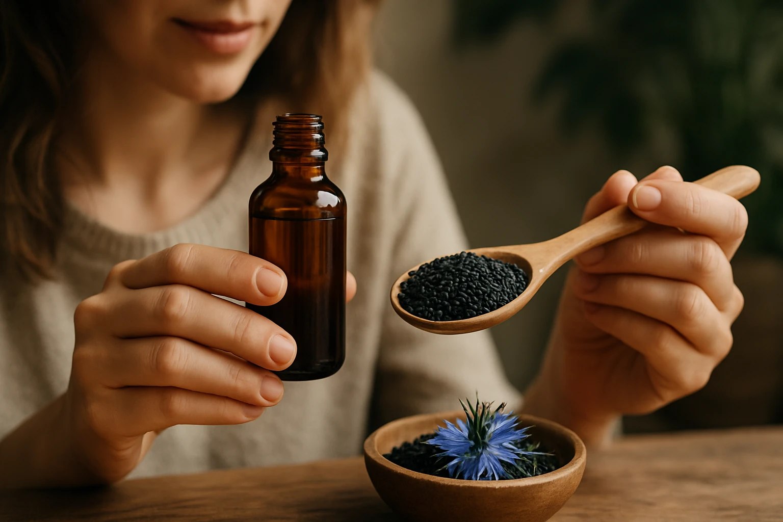 Žena s fľaštičkou oleja a lyžičkou čiernej rascu