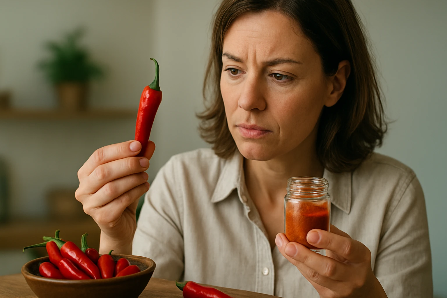 Žena skúma červenú chilli papričku a korenie.