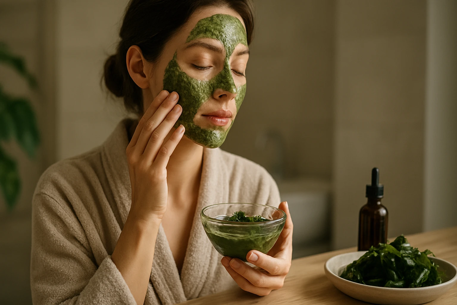 Žena s maskou na tvári z extraktu z rias, v pohodlnom župane.