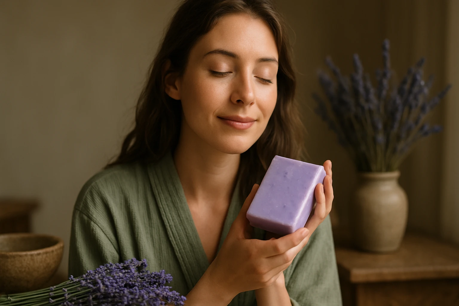 Žena s levanduľovým mydlom v ruke, relaxácia a prírodná starostlivosť o pokožku.