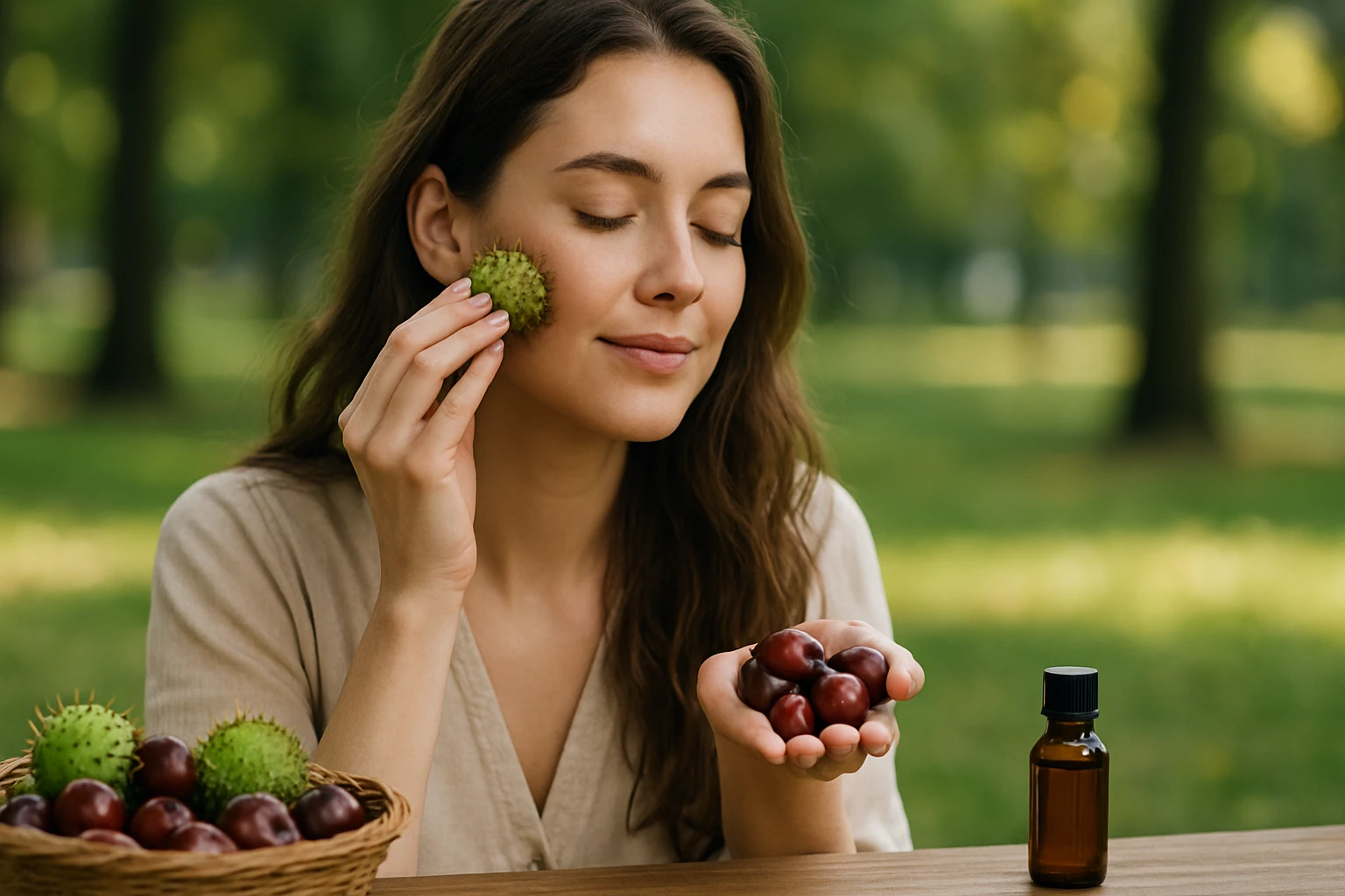 Žena z aplikovaním pagaštanu na tvár, zdravie a krása ľahko a prirodzene.