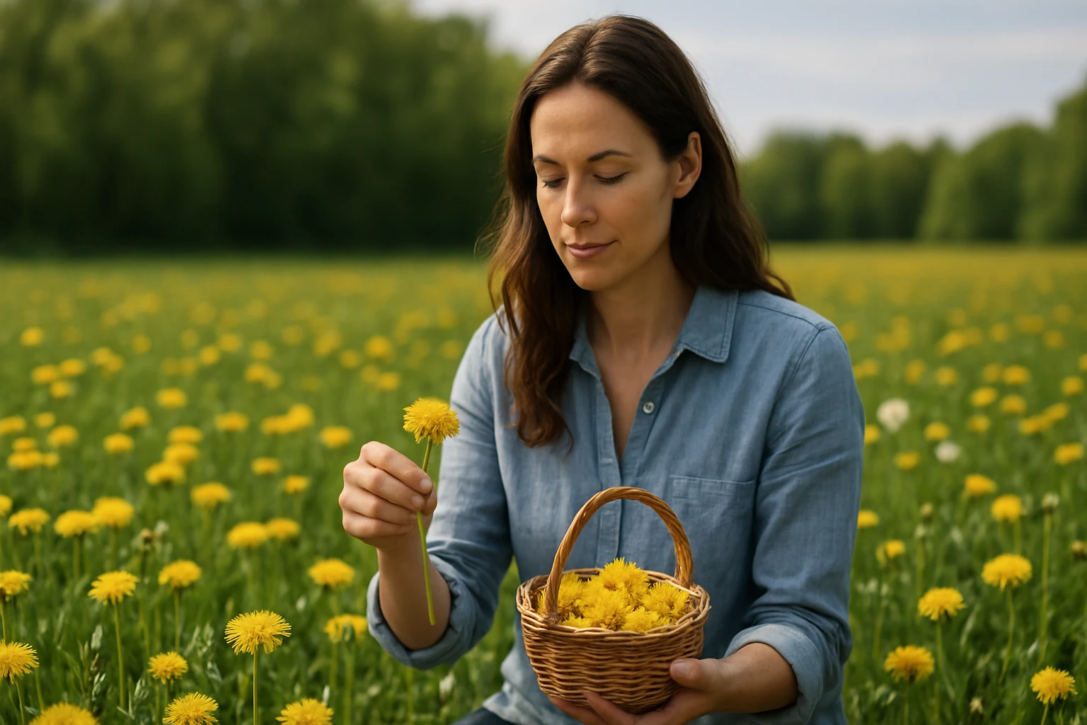 Žena zbiera púpavy v rozkvetlej púpavovej lúke.