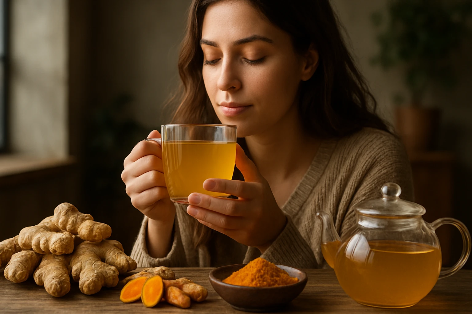 Žena si vychutnáva zázvorový a kurkumový čaj s prírodnými ingredienciami.