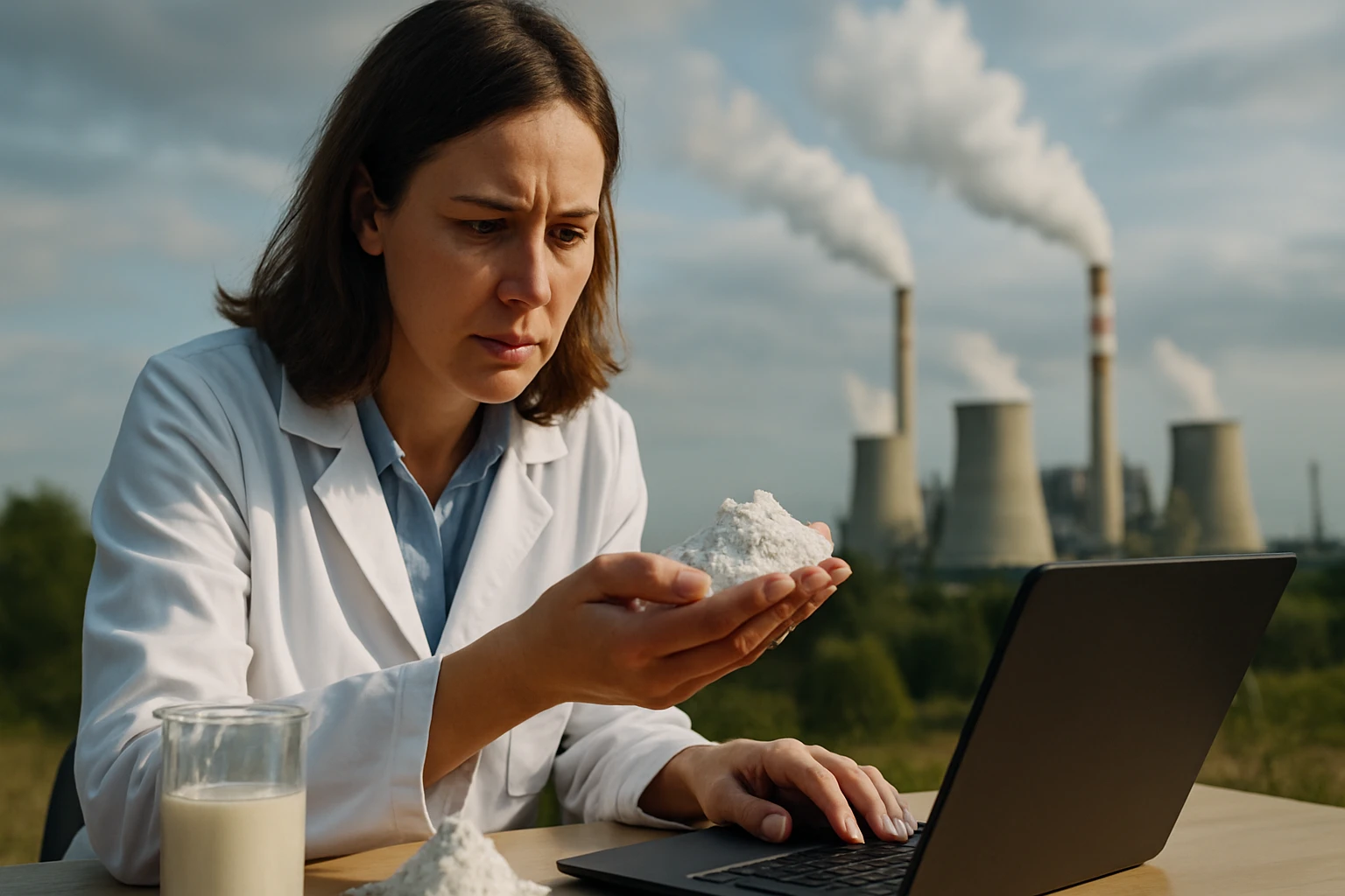 Žena v laboratóriu skúma kaolín s priemyselným pozadím.