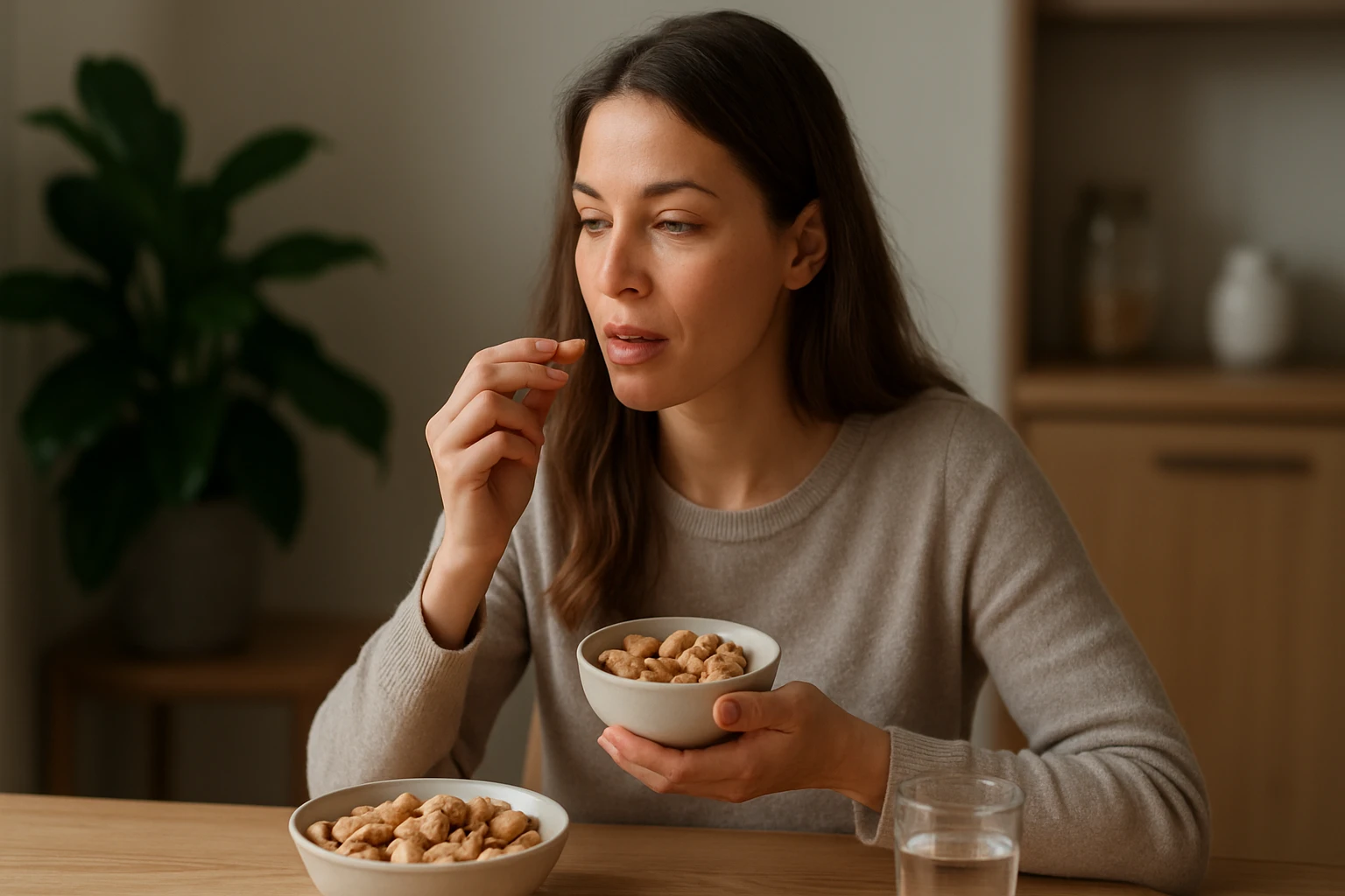 Žena konzumuje arašidy, zdravý snack pre lepšie zdravie.