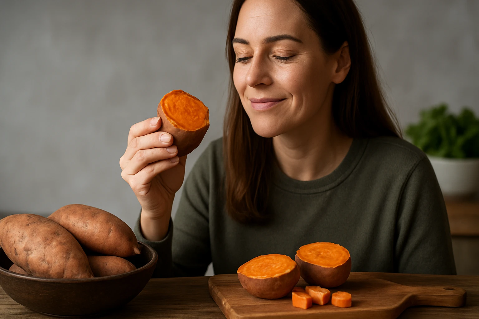 Žena si vychutnáva batáty bohaté na vitamíny a živiny.