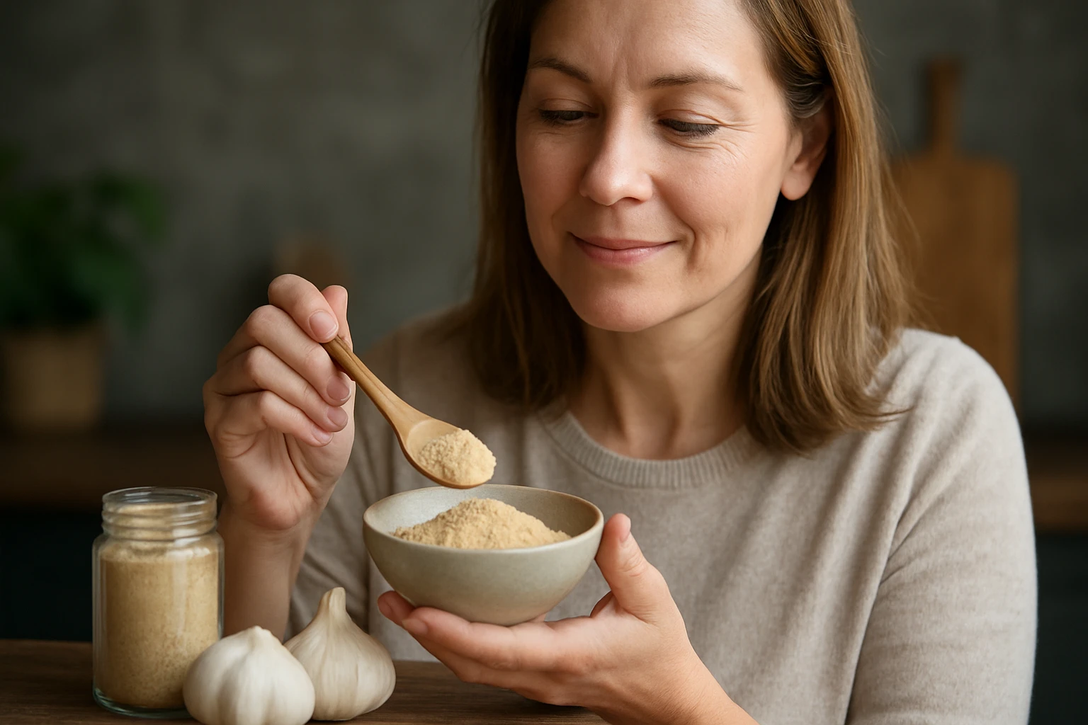 Žena si pochutnáva na cesnakovom prášku a objavuje jeho výhody.