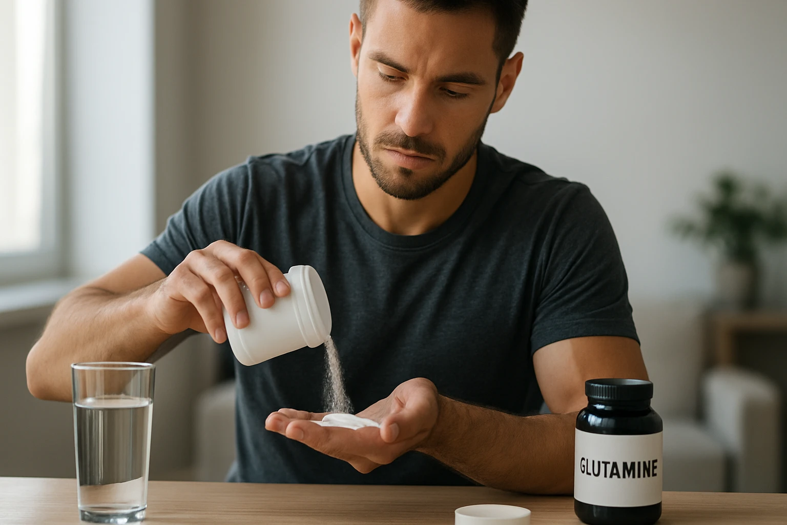 Muž s glutamínovým práškom a pohárom vody na stole