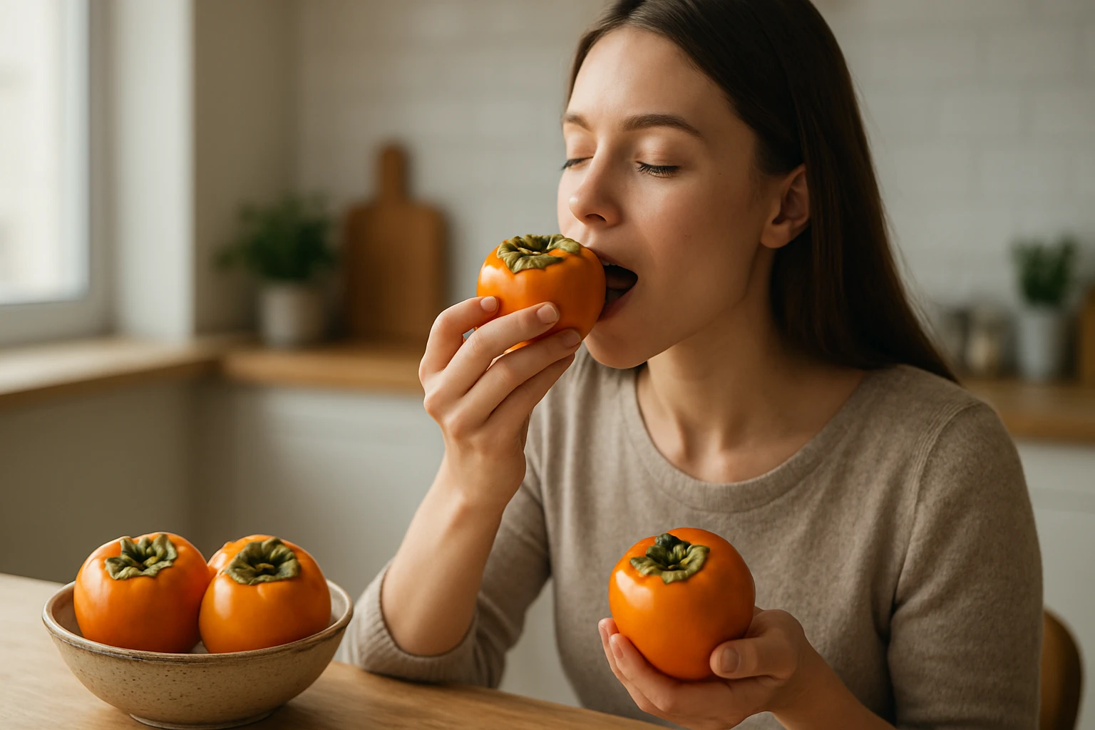 Žena si užíva hurmikaki v kuchyni