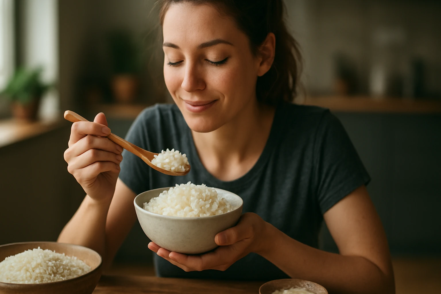 Žena si vychutnáva jazmínovú ryžu v príjemnom prostredí.