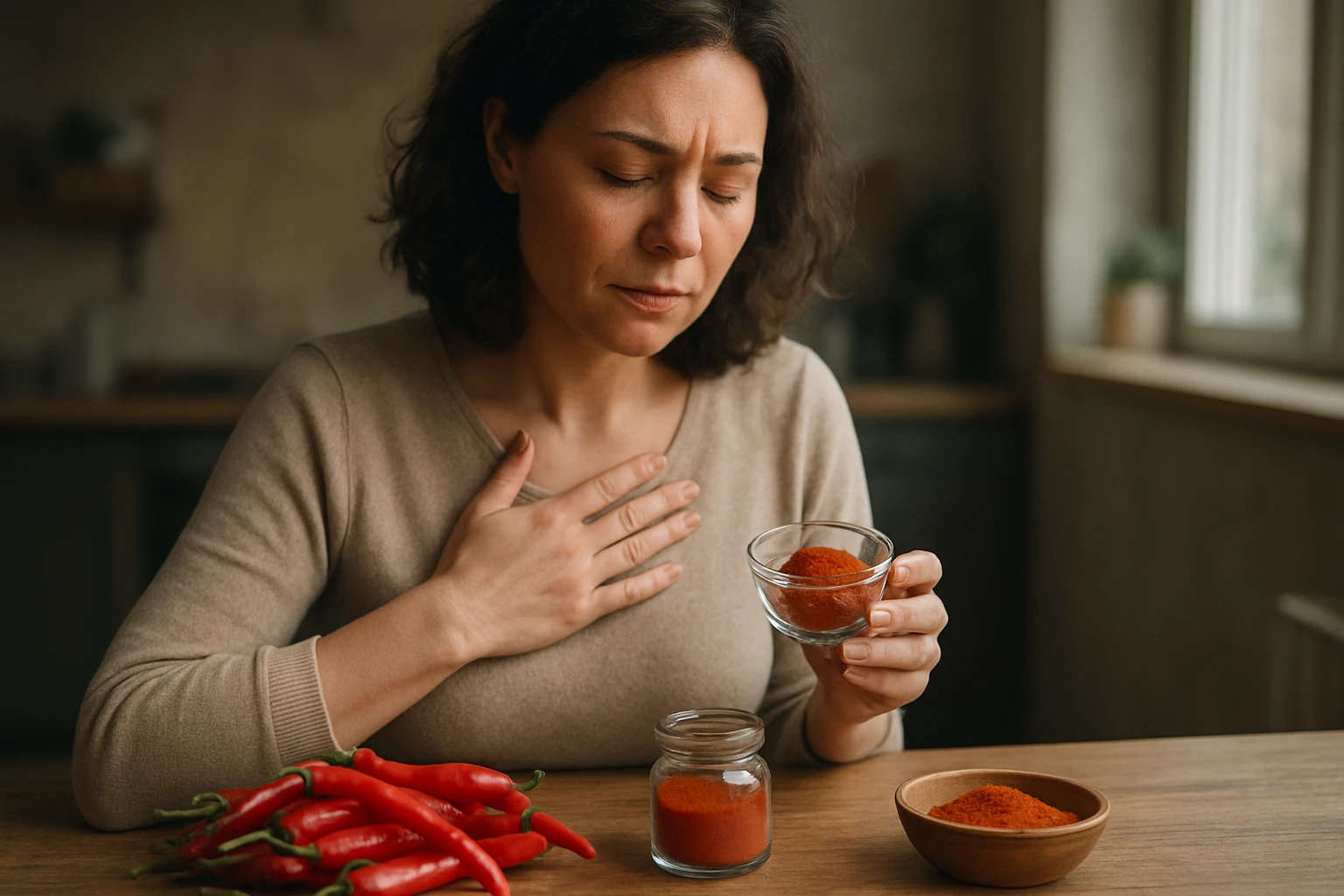 Žena s kajenským korením na stole, vyjadrujúca zdravie a pohodu.