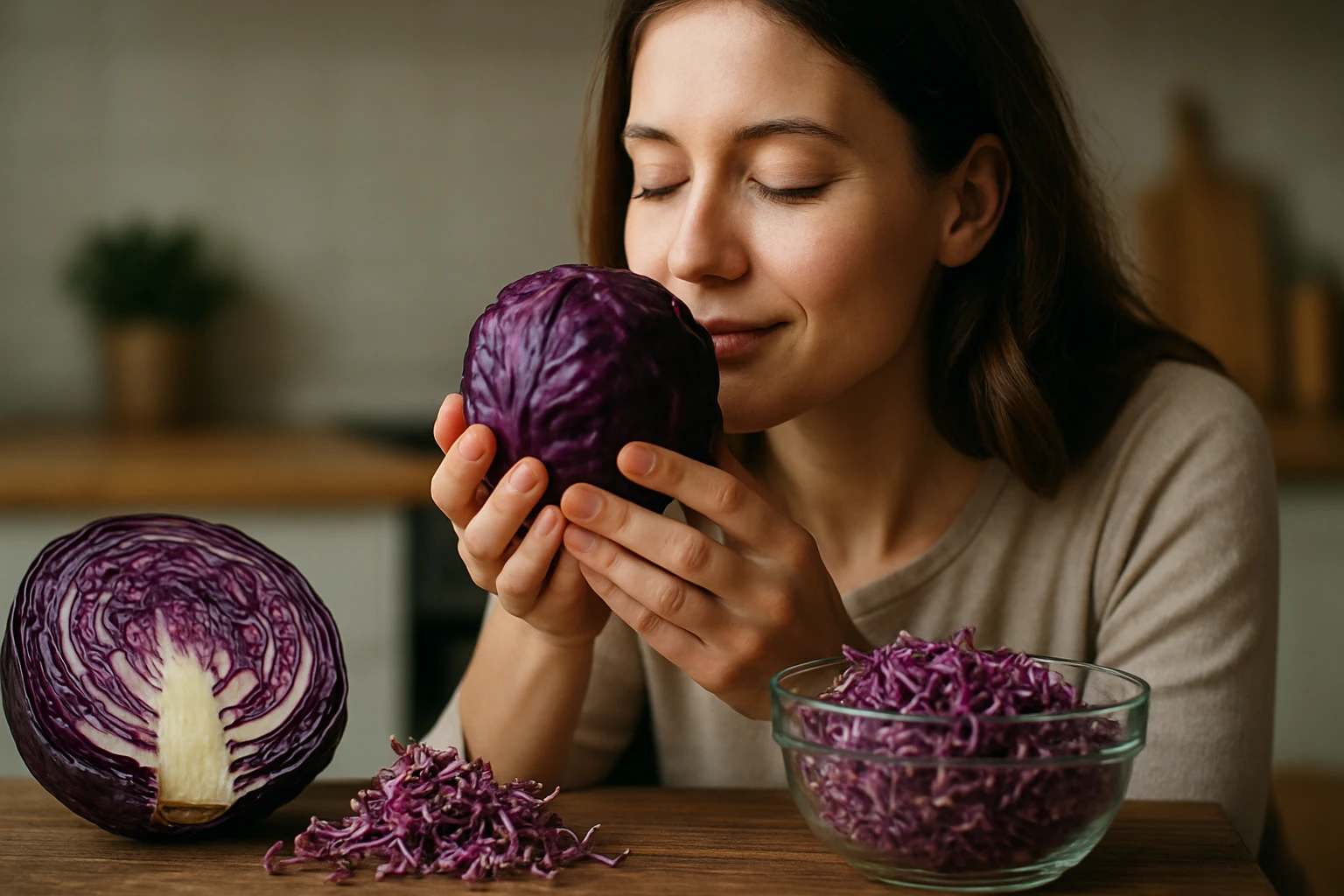Žena si vôňou vychutnáva klíčky červenej kapusty na kuchynskej linke.